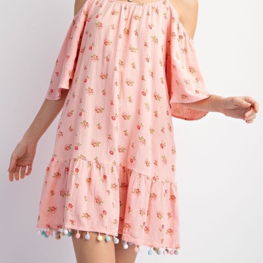 New Easel Cold Shoulder Dress Pom Pom Trim Ruffle Gauze Pink Floral Pockets - Picture 6 of 12